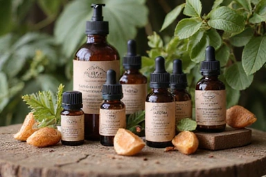 A close-up of natural beauty products, such as essential oils, herbal extracts, and organic cosmetics, beautifully arranged.