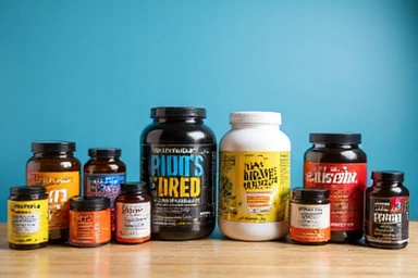 A vibrant image of various men's health supplements, such as protein powders, vitamins, and energy boosters, arranged neatly on a clean background.