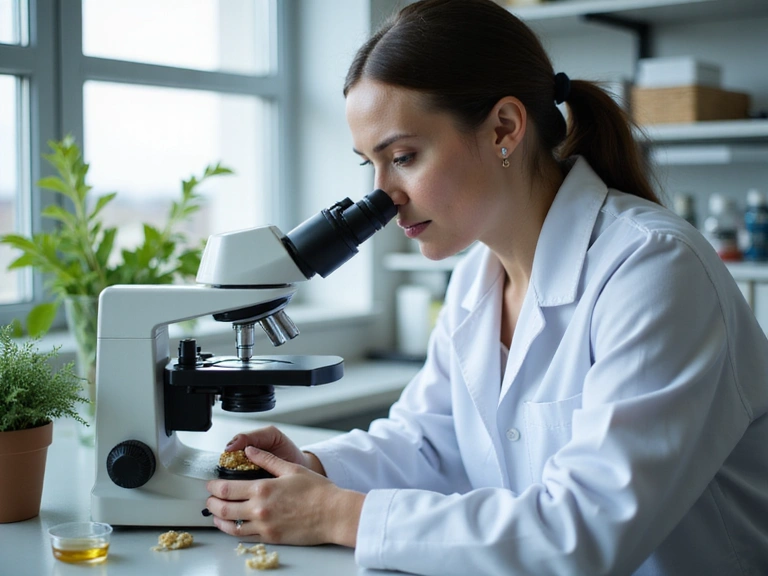 Scientist examining natural ingredients in a lab, symbolizing quality and research